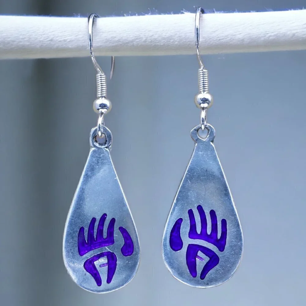 Silver Bear Paw Drop Earrings | Sterling Silver Ear Wire - Picture 3 of 5